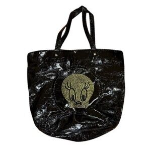 Vtg Y2K Black Patent pebble Tweety Bird Rhinestone Tote Bag